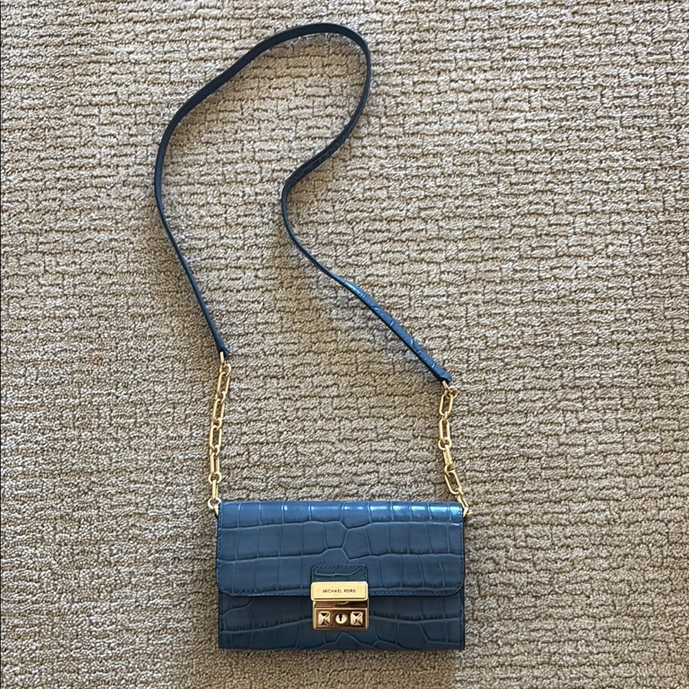 NWT Michael Kors Blue Croc-Embossed Crossbody Bag